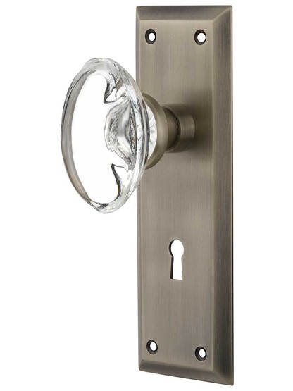 New York Style Door Set with Oval Crystal Glass Knobs in Antique Pewter.